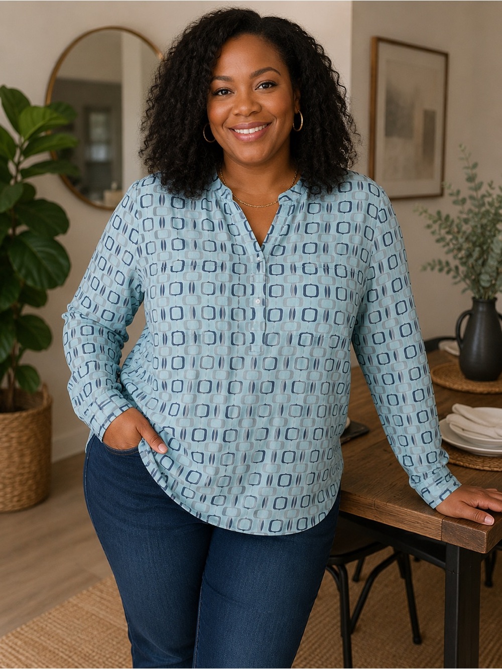 Geometric pattern tunic says 5XL measures like 3XL